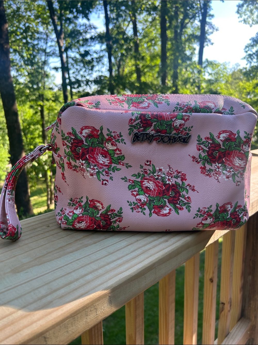 BETSEY JOHNSON • Pink/Multi Floral Print Faux Leather XL Cosmetic Bag